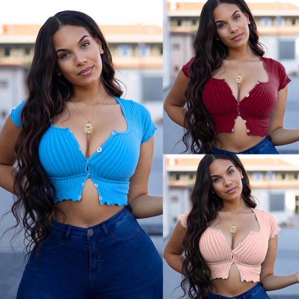 

ruffle crop womens knit tees spring autumn new scoop neck button slim clothing casual solid color crop top, White