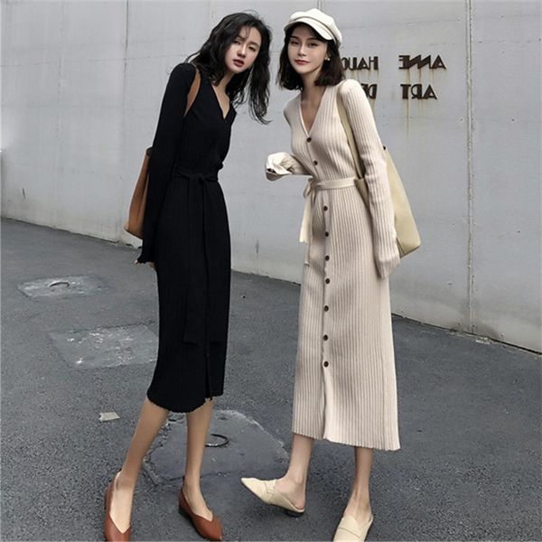 

autumn winter women vintage maxi dress female luxury designer knitted cotton long sleeve 2019 pure fashion black button down dress, Black;gray