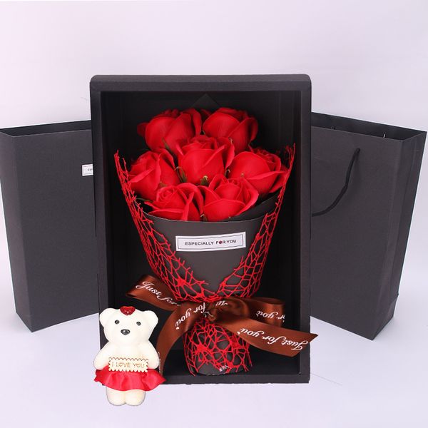 

artificial soap flower valentine's day rose with teddy bear 7pcs roses gift for lover romantic valentine day wedding decor flowers