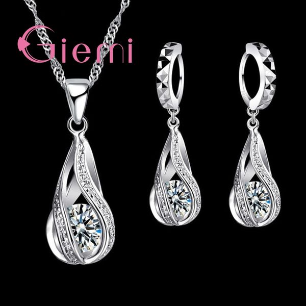 

2019 100% 925 sterling silver new water drop cubic zircon pendant necklace&earrings for women ladies jewelry sets wedding