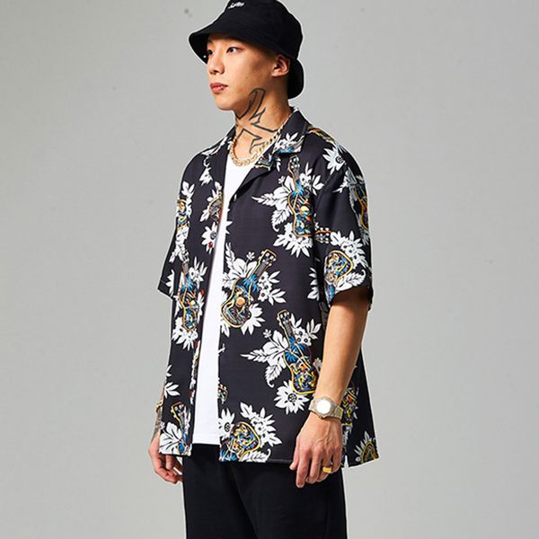 

men tide street shirt summer personalized flower digital print short sleeve shirt for male loose soft new, White;black