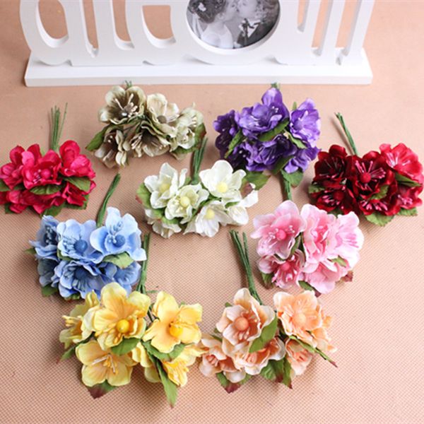 

new 6 pcs / lot silk artificial flower wedding diy car decoration simulation handmade bride's bouquet cherry blossom