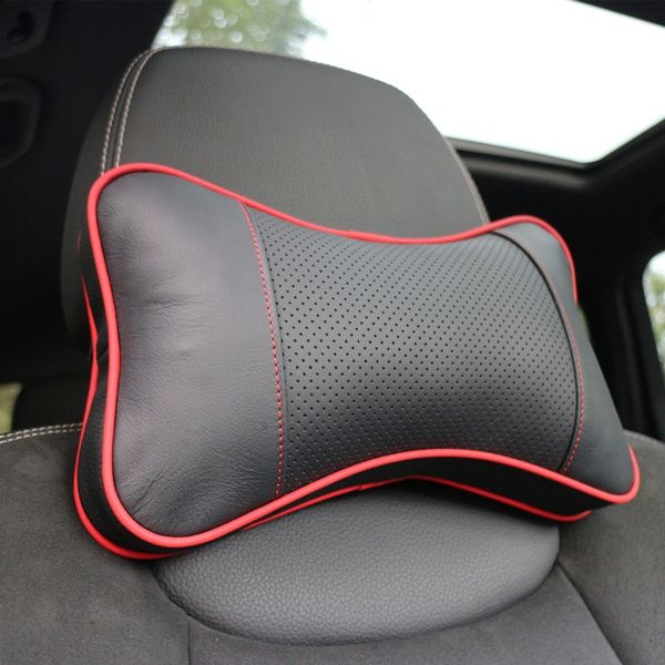 

2 pcs auto pillow neck genuine leather car headrest head neck rest support cushion double edges black relieve cervical pain