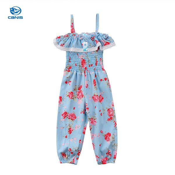 

girls jumpsuits 2018new summer baby girl floral print overalls jumpsuit bodysuits soft girls suspender sunsuits outfit clothes, Blue