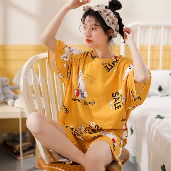 

pure cotton summer cartoon cute printed pajamas two suit female sleepwear two-piece short-sleeved pants home service xxl, Black;red
