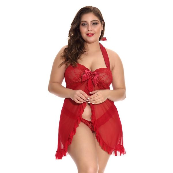 Mulheres Sexy Red Fly-away Floral Lace Cups malha Babydoll Chemise com laço de cetim Accent e Panty Set Para Lady Big Plus Size 1X-4X Lingerie