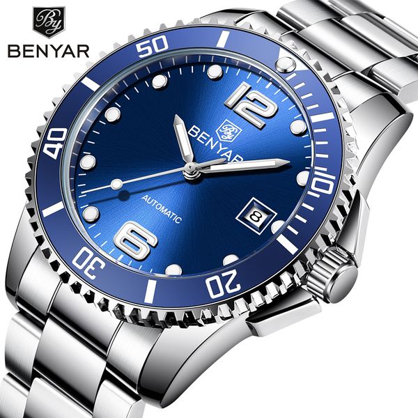 

benyar new 41mm watch men's watch mechanical movement waterproof luminous steel band men's watch wrist watches, Slivery;brown