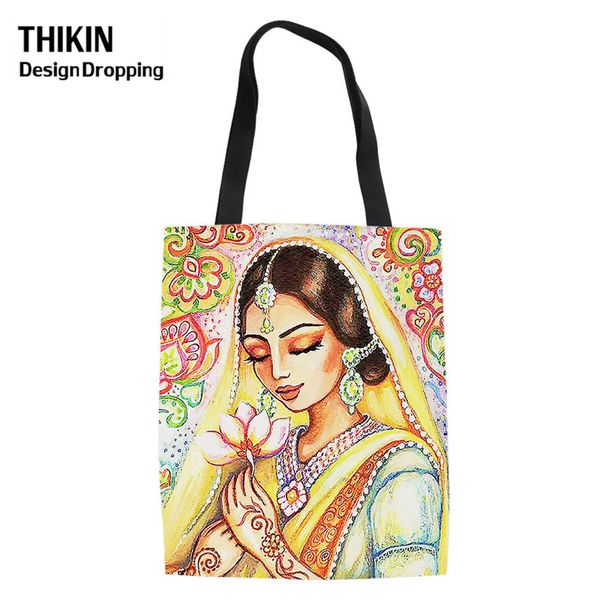 

thikin women canvas shopping bags flower bride printing ladies reusable shoulder tote bag fashion girls shopper bolsa