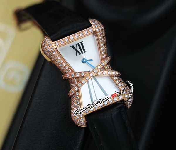 High Jewelry Libre WJ306014 Diamond Enlac￩e Schweizer Quarz Damen Damenuhr Roségold Weißes MOP-Zifferblatt Schwarzes Lederarmband Puretime E167b2