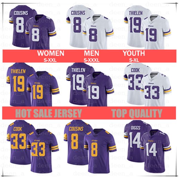 

men women youth minnesota jersey 8 kirk cousins 14 stefon diggs 19 adam thielen 33 dalvin cook viking football jerseys white purple, Black;red