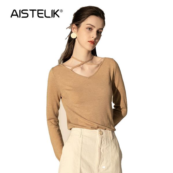 

aistelik 2020 autumn women's fashion cross v-neck hanging neck long-sleeved women's sweater sweater beautiful trendy, White;black