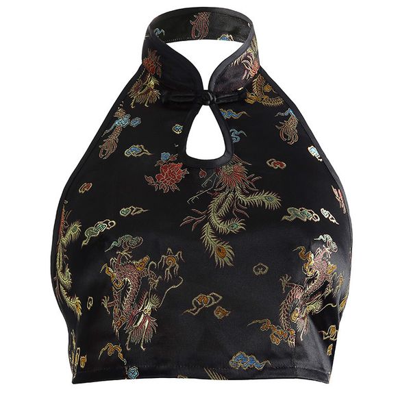 

women backless chinese style tank black halter print tank cropped sleeveless feminino, White