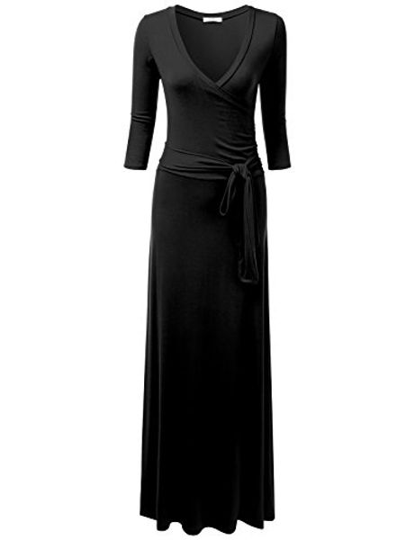 ninexis women's v-neck 3/4 sleeve waist wrap front maxi dress, Black;gray