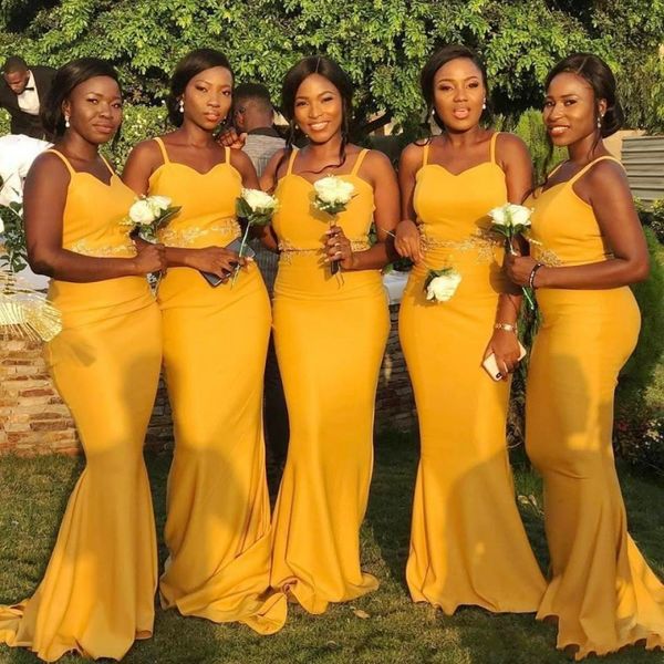 Orangefarbene Meerjungfrau-Brautjungfernkleider mit Applikationen, bodenlanges Satin-Hochzeitskleid, günstige Plus-Size-afrikanische Frauen-Trauzeugin-Kleider
