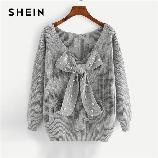 

shein grey preppy elegant plus size dropped shoulder bow detail solid pullovers sweater autumn casual workwear women jumpers, White;black