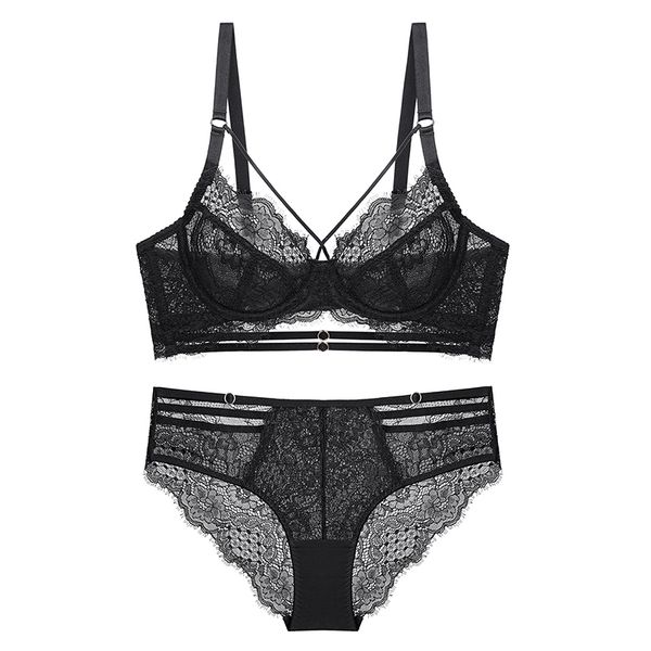 

lace ultra-thin transparent bra and panty set underwear with stones push up bandage bra women lingerie a b c d cup 2020 new, Red;black