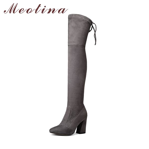 

meotina women thigh high boots high heels shoes winter thick heels over the knee boots autumn 2018 grey red big size 34-43, Black