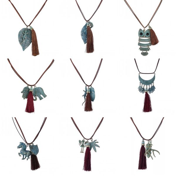 

creative long tassel necklace for women retro leaf owl elephant fatima hand palm gecko horseman shield pndant necklace sweater chain, Silver