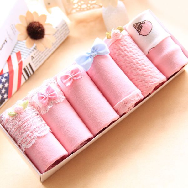 

6pcs/lot women underwear panties girls soft cotton cute bow briefs pink color set women underpants gift box packing 6-17, Black;pink