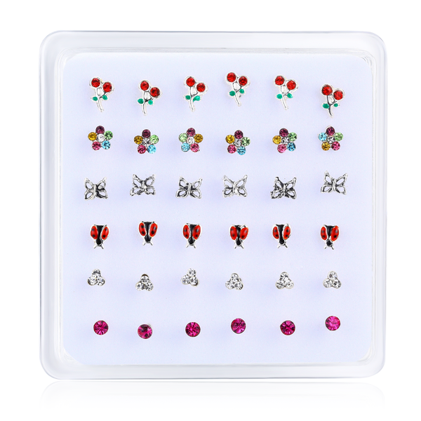 

36pcs/pack 925 sterling silver nose stud ear cherry flower butterfly ladybird straight pin nose piercing nostril body jewelry, Slivery;golden