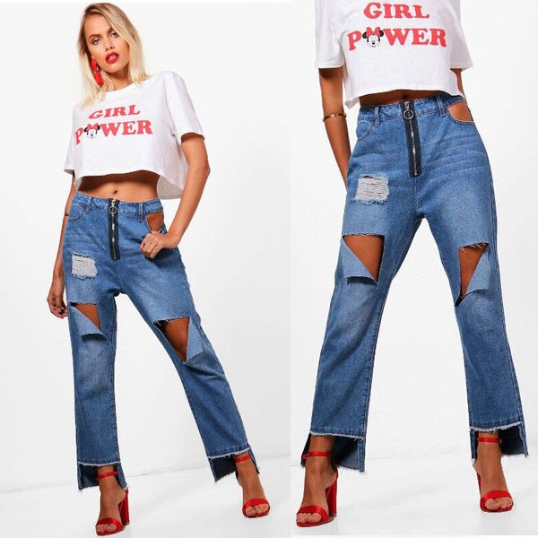 

Sexy Jeans Womens Ladies Fit Stretch Ripped High Waist Ripped Flared Wide Leg Trousers Denim Pants Jeans
