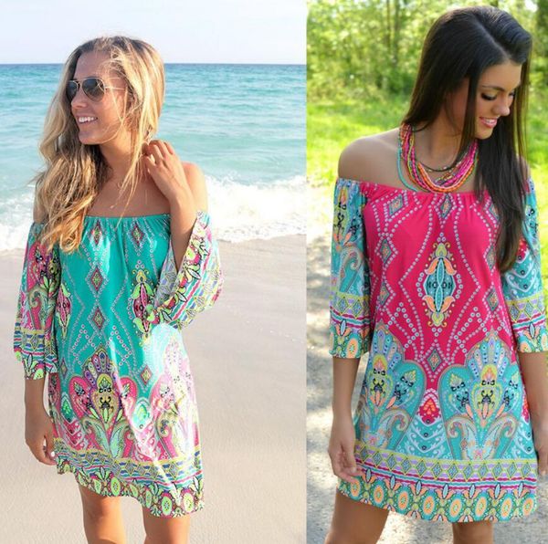 

2019 fashion printing women's wear europe and america high waist one word collar middle-skirt thailand wind sandy beach dresses, Black;gray