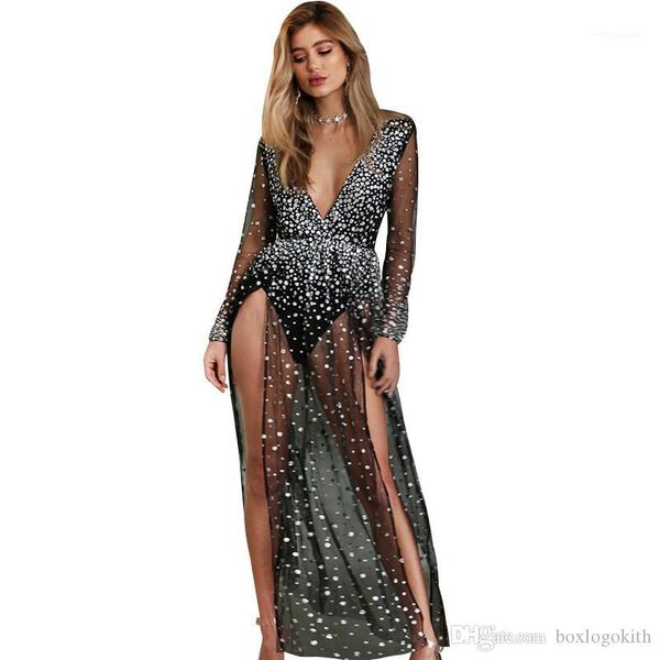 

dot printed осень sexy slim mesh panelled перспектива сплит с длинными рукавами темные v-образным вырезом платья модные женские платья вечер, White;black