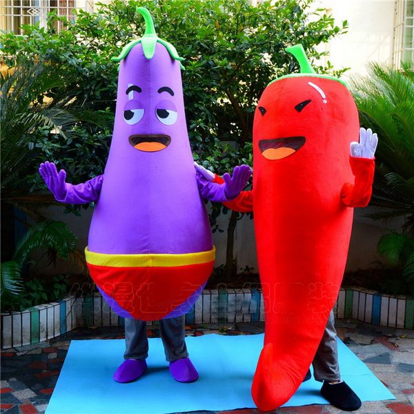 Профессиональный пользовательские красный перец чили фиолетовый баклажаны талисман костюм мультфильм овощи характер одежда Хэллоуин фестиваль партии необычные платья