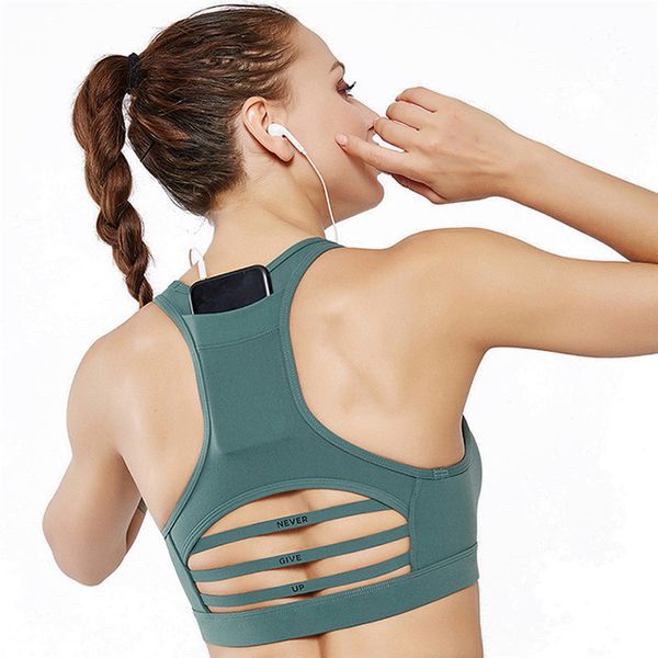 

women sports bra with phone pocket compression push up underwear female gym fitness running yoga bh sport bra 6, White;black