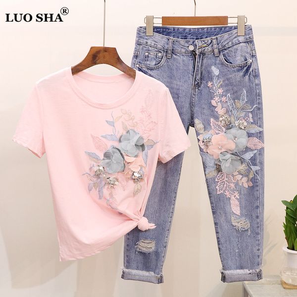 

luosha women 2019 spring summer short sleeve tshirt+jeans suit embroidery 3d flowers hollow out hole hem stylishdenim pants set, White