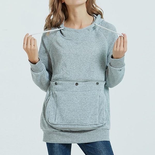 

autumn winter hooded sweatshirt cat lovers women's solid big pocket long sleeves hooded pullover jumper with pocket, Black
