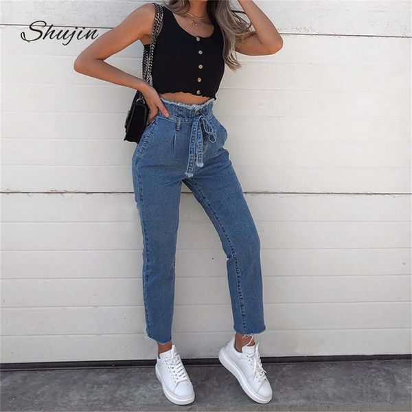 

shujin women vintage jeans high waist belt stretch skinny denim female tassel pencil pant slim trouser zipper burr full pants, Blue