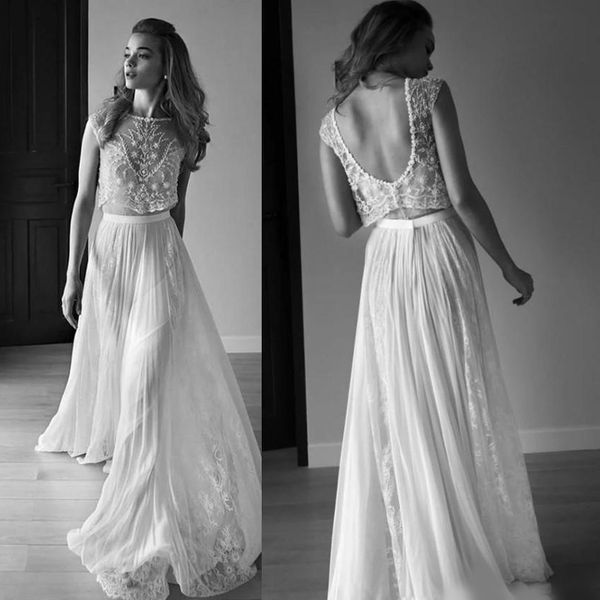 

2020 wedding dresses two piece sweetheart sleeveless low back pearls beading sequins lace chiffon beach boho bohemian wedding gowns, White