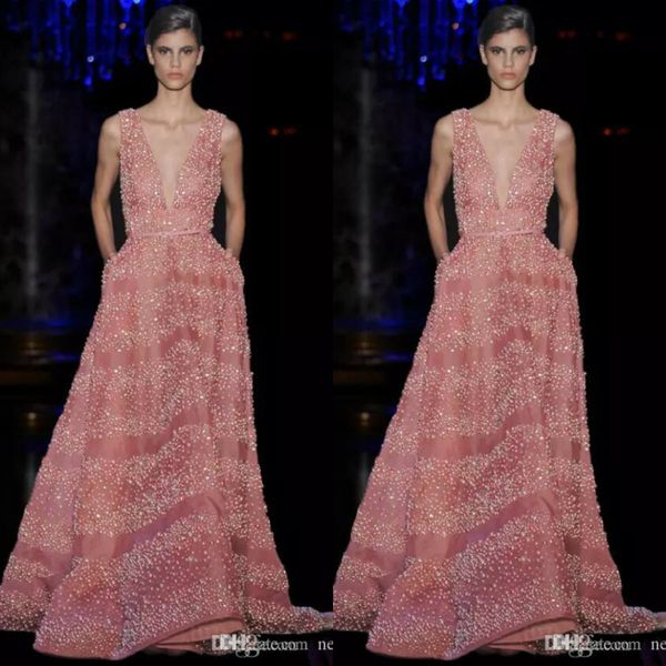 

elie saab 2020 evening dresses beads pearls v neck with pockets a-line prom gowns women gorgeous special occasion dress, Black;red