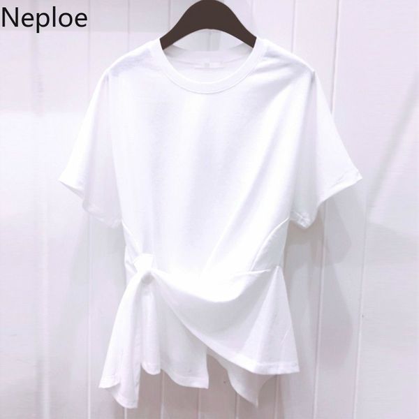 

neploe women solid t shirts 2020 summer fashion cross lace up short sleeve tees ladies irregular casual knotted slim 1a532, White