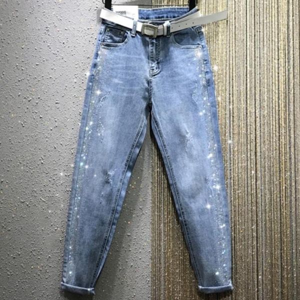 

denim pants women 2020 spring new high waist loose rhinestone casual harem pants plus size 26-31, Blue