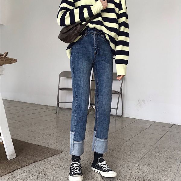 

jeans women 2019 spring korean high waist denim slim straight pants ulzzang jeans girls ankle-length blue cuffs femme boyfriend