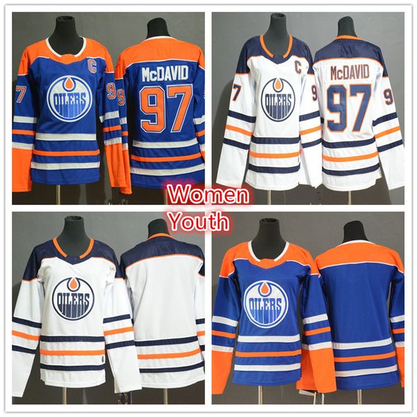 

Women's Edmonton Oilers 97 Connor McDavid Fanatics Branded White Royal Breakaway Youth Kids Lady hockey Jerseys embroidered Stitched logos