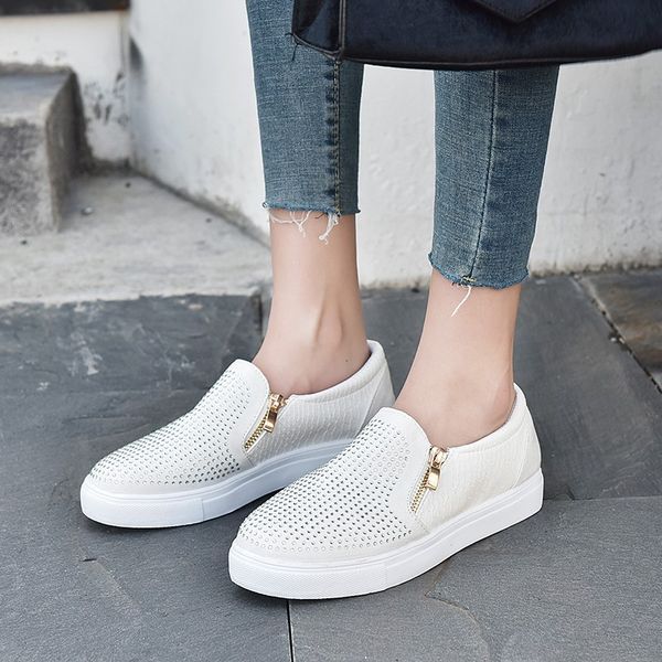 

spring shoes women crystal slip on flat loafers zipper embossed leather ladies glitter platform fashion female moccasins 2020 op, Black