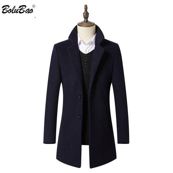 

bolubao men winter coat 2019 men's new solid color simple long section pea coat male trench business casual overcoat, Black