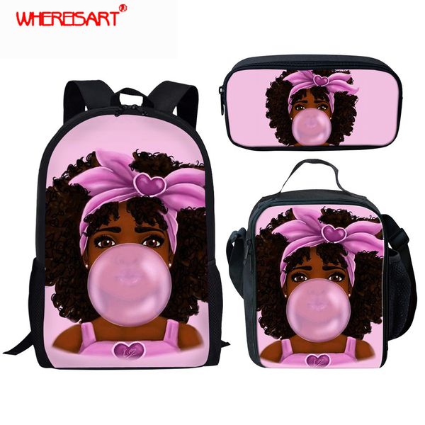 

whereisart african girls children backpacks pencil bag 3pcs/set portfolio school bags for girls afro black art bookbag satchel