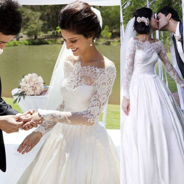 

classic vintage design lace satin wedding dresses long sleeve off shoulder a line royal princess bridal gowns vestidos de noiva, White