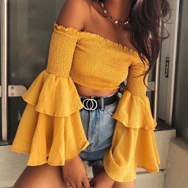 

ladies designer blouses for women sweet ruffle flare sleeve yellow blouse streetwear chiffon sleeve shirt fashion crop feamle, White