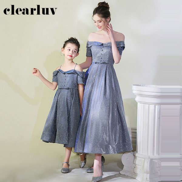 

off the shoulder evening dress db173 for mother and daughter sparkling sequin party dresses violet a-line parent-child gowns, White;black