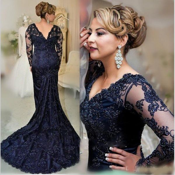 

elegant navy blue mermaid mother's dresses plus size lace mother of the bride dresses long sleeves formal evening gown with beaded, Black;red