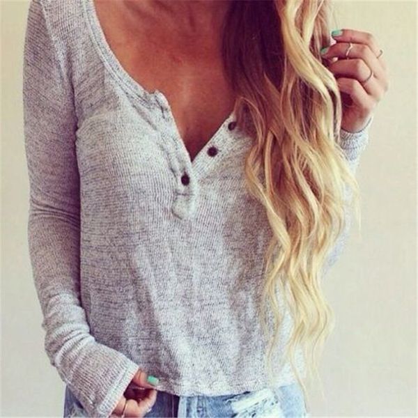 

women casual loose long sleeve ladies t-shirt solid color v neck fashion, White