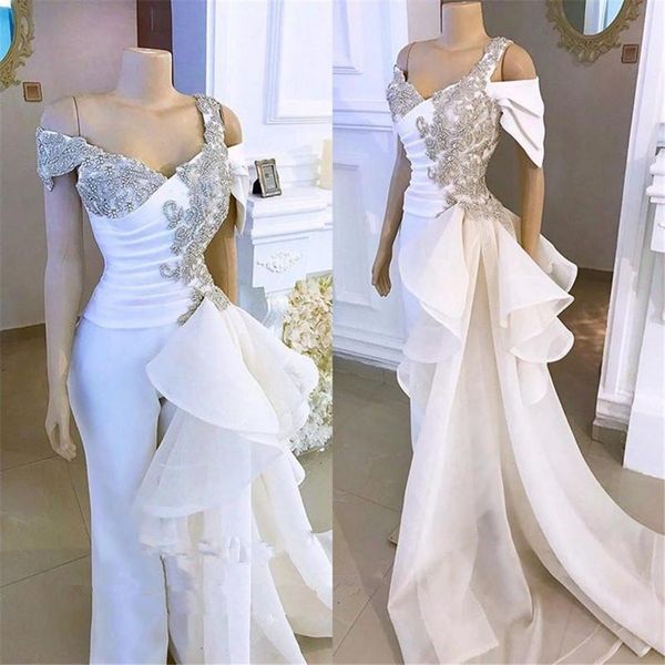 

women jumpsuits 2020 prom dresses white beaded crystals satin evening dresses with peplum saudi arabic long formal dress pant suits, Black
