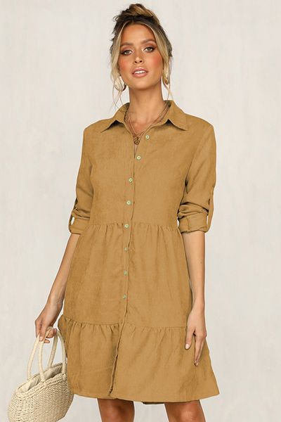 

autumn and winter big pendulum lapel single-row button-down shirt dress, medium-sleeve solid-color shuttle weaving loose waist khaki yellow, Black;gray