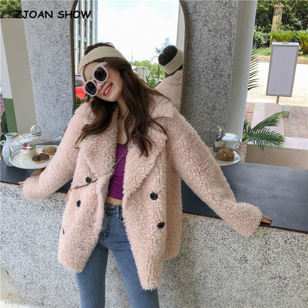 

2019 winter notched collar curly hairy shaggy faux leather fur coat long sleeve furry faux fur women jacket short outerwear, Black
