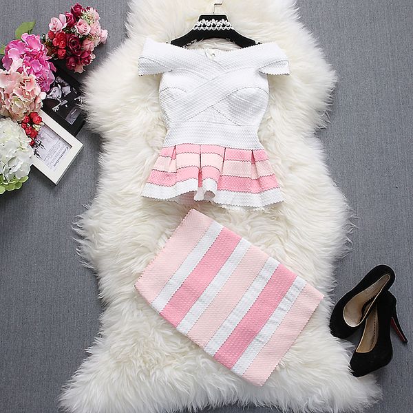 

women s designer 2 piece sets women customization fashion skirt outfits summer slash neck striped ruffles dress and skirts sets, White